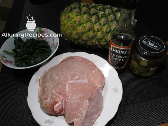 ingredients veal with pineapple on a spinach pillow - alluringrecipes.com